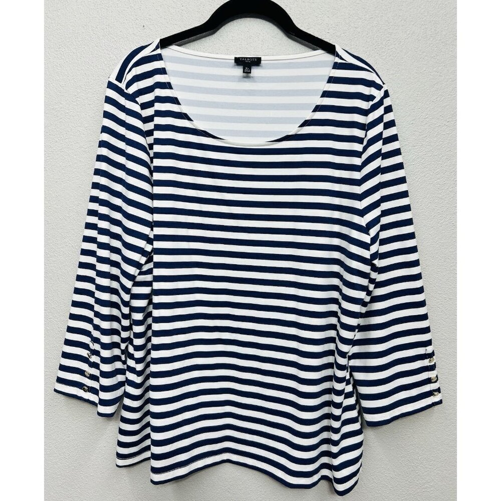 Talbots Scuba Knit Blue-Striped Top Size XL Petite Scoop Neck Nautical Coastal